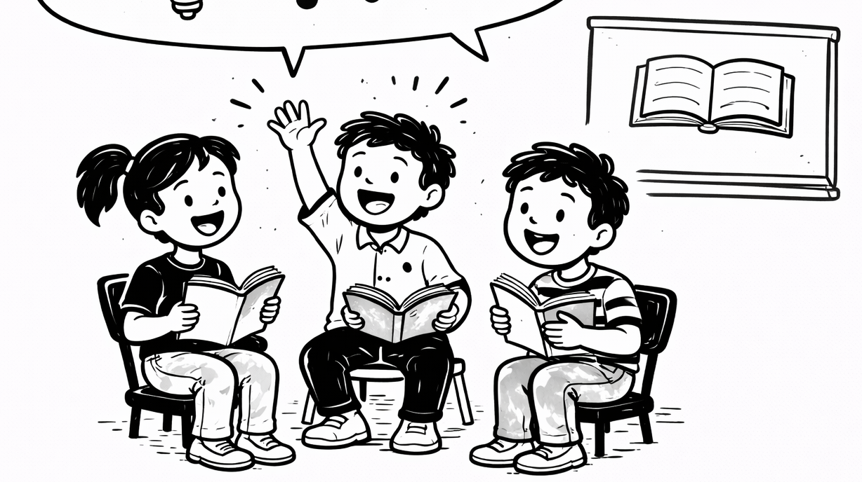 three kids attentively reading and discussing